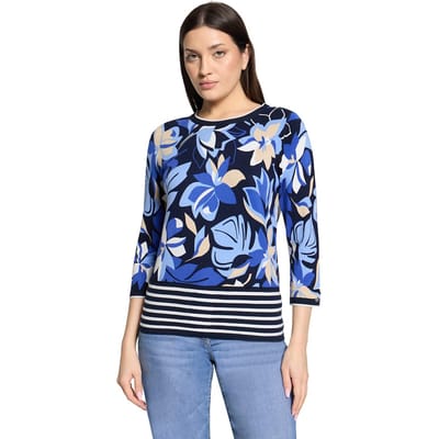 Fijntricot pullover met gestreepte bloemenprint - blauw / beige / donkerblauw - Gr. 38 van Goldner Fashion