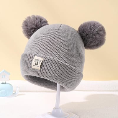Herfst Winter Baby Warme Gebreide Mutsen Met Pom Kinderen Gebreide Muts Effen Kleur Kinderhoed Voor Jongens Meisjes Accessoires 0-3Years grijs