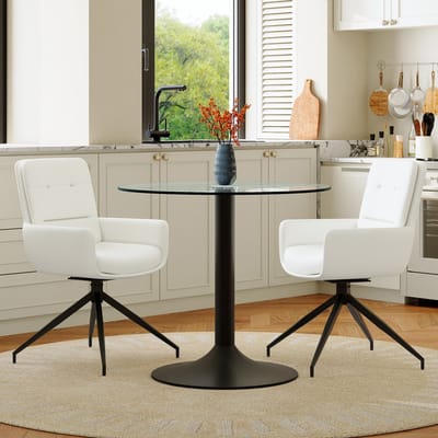 Eettafelset: Ronde eettafel van gehard glas met een lichte, luxe uitstraling, ondersteund door een zwart onderstel, gecombineerd met 2 witte, draaibare PU-eetkamerstoelen.
