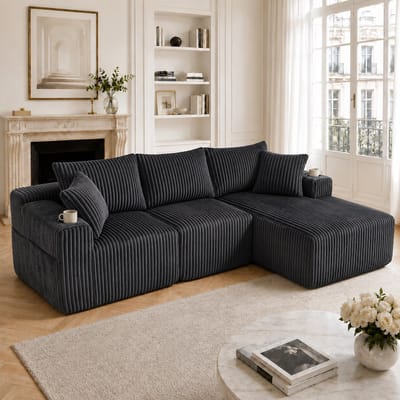 L-Bank, 3-Zits Bank, Hoekbank Modulaire Bankstel met Chaise Longue en 2-zitsbank, Zachte Corduroy Hoes, met 5 Kussens, Zijvakken en Bekerhouders, Schuim met Hoge Dichtheid, Doe-het-zelf-combinatie, Ideaal voor Woonkamer, Appartement en Studio- Grijs