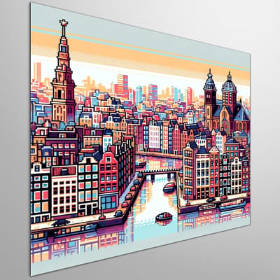 Pixel art amsterdam schilderij | Amsterdamse grachten tot leven gebracht in pixelkunst meesterwerk | Kunst - 80x80 centimeter op Dibond | Foto op Dibond