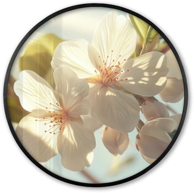 Poster in lijst Rond - Fotolijst 60x60 cm - Posters - Bloesems - Wit - Zonnestralen - Bloemblaadjes - Ronde posterlijst zwart - Decoratie - Wanddecoratie woonkamer - Muurdecoratie slaapkamer
