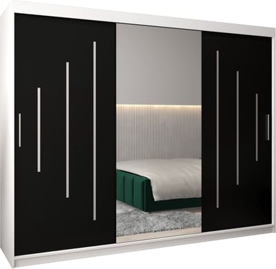 InspireMe - Kledingkast met 3 schuifdeuren, Modern-stijl, Een kledingkast met planken en een spiegel (BxHxD): 250x200x62 - MALTESE I 250 Wit Mat + Zwart