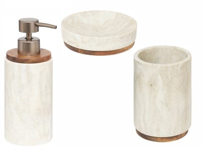 Badkamer/WC Setje 3-Delig – Zeepbakje, Tandenborstelhouder & Zeeppompje – Marmereffect Beige/Wit – Polyresin Kunststeen