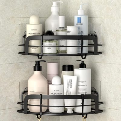Famanu - Hoekplanken set van 2 met haken, zelfklevend design voor badkamer of keuken