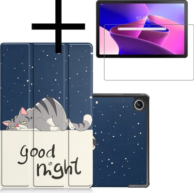 Hoes - Geschikt voor Lenovo Tab M10 Plus (3e / 3rd Generatie) - Met Screenprotector - Trifold Bookcase - Hard Cover - Hardcover Book Case - Tablet Hoesje - Kat