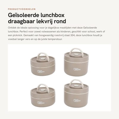 Dailygoods- Lunchbox Geïsoleerd - Draagbaar - Lekvrij - RVS 304 - Stapelbaar - Goede Afdichting - Voedselcontainer