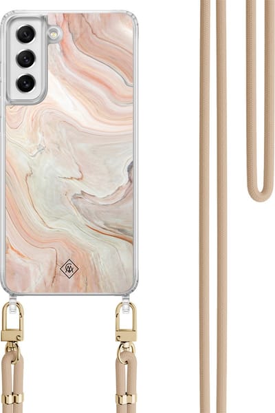 Casimoda® hoesje met koord - Geschikt voor Samsung S21 FE - Marmer Waves - Afneembaar koord - TPU/polycarbonaat - Bruin/beige