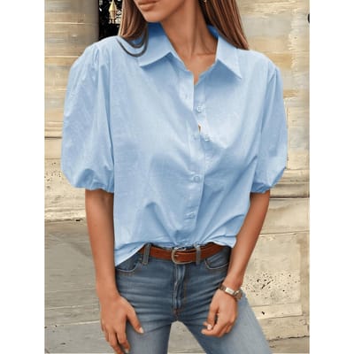 Dames Blouse met Kraag en Pofmouwen Knopen Casual Zomer Top S blauw