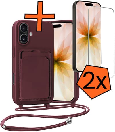 Hoesje Geschikt voor iPhone 17 Hoesje Met Telefoonketting Pasjeshouder Case Met 2x Screenprotector Koord - Hoesje Geschikt voor iPhone 17 Hoes Met Kaarthouder - Aubergine