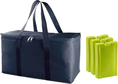 Grote isolatie koeltas blauw 39 x 22 x 19 cm met 3x stuks groene koelelementen van 1000 gram