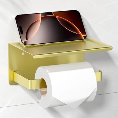 Zelfklevende Toiletpapierhouder van Geborsteld Messing - Geen Boren, Wandmontage, Multifunctionele Towelhouder voor Badkamer en Mobiele Telefoon