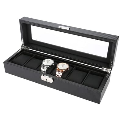 Dailygoods- Horlogedoos 6 Horloges - PU Leer - Houten Vitrine - Sieraden Opbergdoos - Displaybox - Duurzaam en Stevig - Horlogekast
