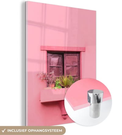 MuchoWow® Glasschilderij 30x40 cm - Schilderij acrylglas - Raam - Planten - Roze - Plantenbak - Foto op glas - Schilderijen