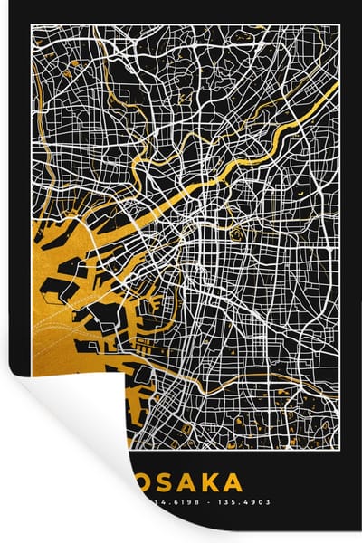 Muurstickers - Sticker Folie - Osaka - Kaart - Stadskaart - Plattegrond - Goud - 20x30 cm - Plakfolie - Muurstickers Kinderkamer - Zelfklevend Behang - Zelfklevend behangpapier - Stickerfolie
