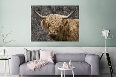 Aluminium schilderij 160x120 cm - Wanddecoratie metaal - Wereldkaart - Dieren - Schotse hooglander - Metalen muurdecoratie woonkamer - Decoratie industrieel - Foto op dibond - Industriële accessoires slaapkamer