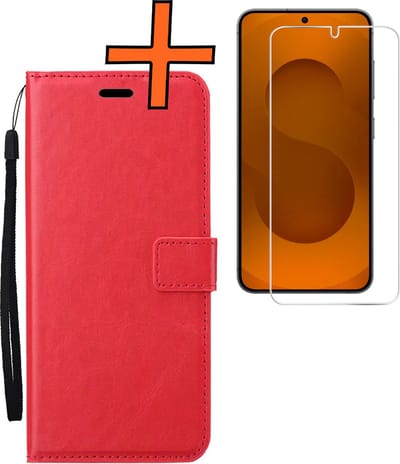 Hoes - Met Screenprotector - Geschikt voor Samsung Galaxy S25 - Luxe Pasjeshouder - Bookcase Portemonee - Flip Case - Kunstleer Book Case - Flipcase - Book Cover - Walletcase - PortemonneeHoes - Rood