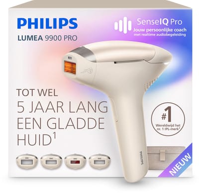 Philips Lumea 9900 Pro IPL Ontharingsapparaat – Tot 5 Jaar Lang een Gladde Huid, Persoonlijke Coach met Realtime Begeleiding en 4 Opzetstukken voor Lichaam, Gezicht, Oksels & Gevoelige Zones, BRC342/00