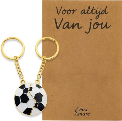 Koppel Sleutelhanger voor 2 'Voor altijd van jou' - Magnetische Voetbal - Sleutelhanger set op Cadeau Kaartje - Goudkleurig - Persoonlijke Hanger - Pax Amare