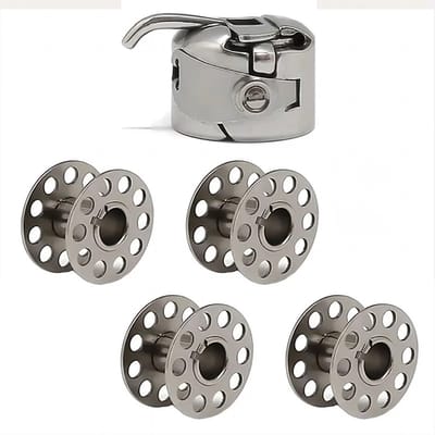 Spoelhuis met metalen spoeltjes – Naaimachine accessoire – Universeel – 11 mm – Zilver – 1 stuks spoelhuis + 4 spoeltjes