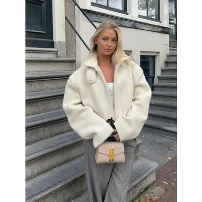 Herfstmode Effen Lamsvacht Effen Jassen Revers Dames Dik Warm Rits Lange Mouw Korte Jas Dames Bovenkleding S wit