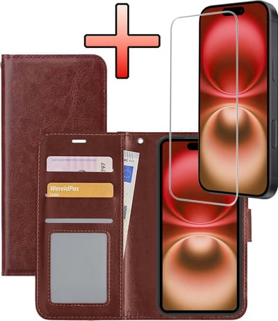 Hoesje - Met Screenprotector - Geschikt voor Apple iPhone 16 - Luxe Pasjeshouder - Bookcase Portemonee - Flip Case - Kunstleer Book Case - Flipcase - Book Cover - Walletcase - Portemonneehoes - Bruin