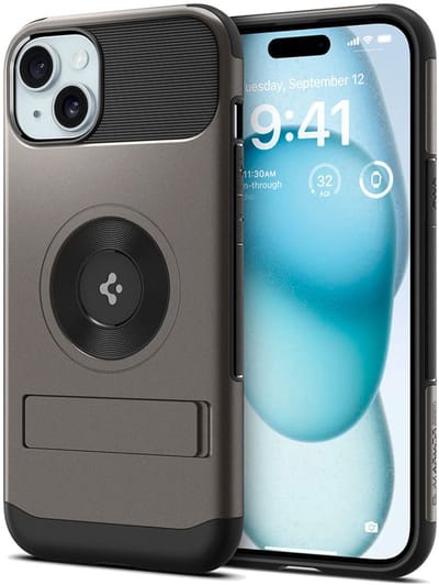 Spigen Slim Armor MagFit Hoesje Geschikt voor Apple iPhone 15 | Back Cover Compatibel met MagSafe | met Standaard | Air Cushion technologie | Gunmetal