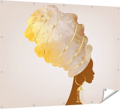 Gards Tuinposter Afrikaanse Vrouw met Gouden Tulband - 160x120 cm - Tuindoek - Tuindecoratie - Wanddecoratie buiten - Tuinschilderij