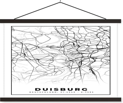Posterhanger incl. Poster 60x40 cm - Schoolplaat - Kaart - Duisburg - Stadskaart - Plattegrond - Textielposter - Zwarte latten - Stadskaart