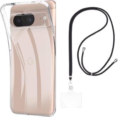 Set met hoesje en nekband voor google pixel 8 - Flexibele, transparante TPU-bescherming, verstelbare universele nekband voor mobiele telefoons, zwarte nekband, transparante draagriem van Phonillico®