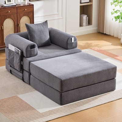 MODENUIT Fauteuil 112 x 190 x 67 cm - Met Hocker en Zijvak - Voor Woonkamer en Slaapkamer - Cord - Donkergrijs