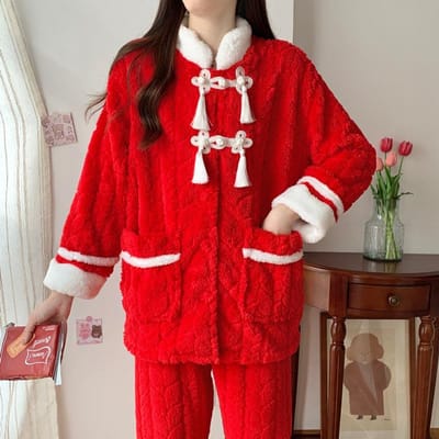 Pyjama's in Chinese stijl Koraalfleece Nachtkleding Dames Winter Pluche Dikke Nachtkleding Losse Casual Huiskleding Flanel Warme Loungewear 2XL rood