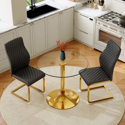 MODENUIT Eettafelset 85 cm - Ronde Tafel Met Gehard Glas - 2 Stoelen - Voor Eetkamer Woonkamer - Metaal En PU - Zwart Goud