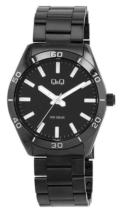 Q&Q Q86B-005PY - Horloge - Polshorloge - Analoog - Heren - Mannen - stalen band - Metaal - Rond - Cijfers - Strepen - Zwart