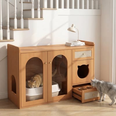Kattenbak Kast - Multifunctioneel Kattenmeubel Met Opbergruimte - Walnootkleur - Verborgen Kattenbak En Voerstation