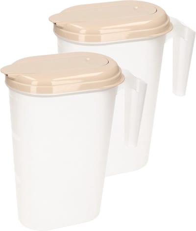 Plasticforte Waterkan - 2x stuks - Sapkan - transparant/taupe - met deksel - 1.6 liter - kunststof - Smalle schenkkan die in de koelkastdeur past