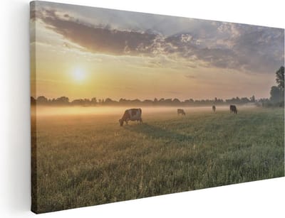 Artaza Canvas Schilderij Koeien - 40x20 cm - Klein - Wanddecoratie Landschap - Muurdecoratie Zonsondergang - Schilderijen Op Canvas Natuur