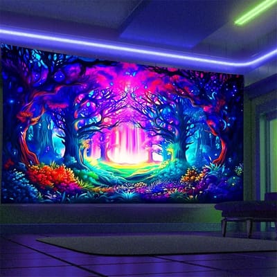 zwartlicht-wandtapijt bos trippy UV-reactieve wandtapijten esthetisch boom wanddoeken decoratie woonkamer kunst wanddoek, kleurrijk, extra groot 300x180cm