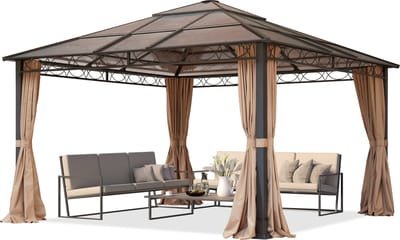Tuinpaviljoen 4x4 m hardtop polycarbonaat dak waterdicht aluminium deluxe paviljoen met 4 zijwanden cappuccino