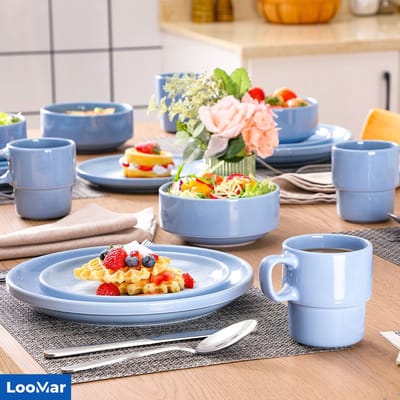 LooMar Luxe Serviesset – 32 delig – 8 persoons – Porselein - Bordenset – Dinner platen – Dessertborden - Kommen - Mokken - Set - Blauw