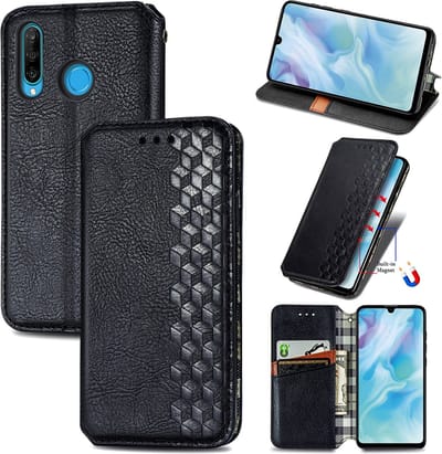 Luxe PU Lederen Ruitpatroon Wallet Case + PMMA Screenprotector voor Huawei P30 Lite _ Zwart