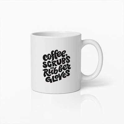 Koffiemok 330ml – "Koffie, Scrubs en Rubber Handschoenen" – Grappig Cadeau voor Verpleegkundigen, Medisch Personeel