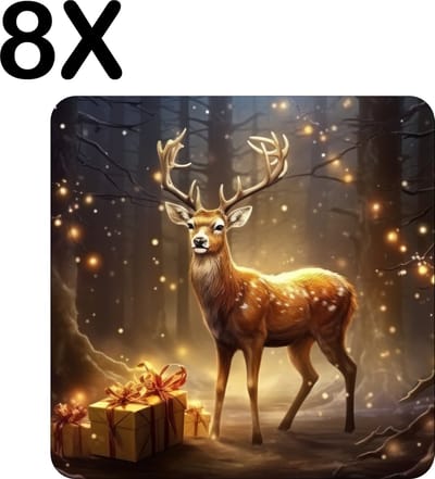 Luxe Placemat - Kerst - Hert - Cadeau - Kado - Lichtjes - Bos - Set van 8 Placemats - 50x50 cm - 2 mm dik Vinyl - Anti Slip - Afneembaar