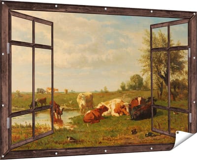 Gards Tuinposter Doorkijk Koeien in de Weide - Gerard Bilders - 180x120 cm - Tuindoek - Tuindecoratie - Wanddecoratie buiten - Tuinschilderij