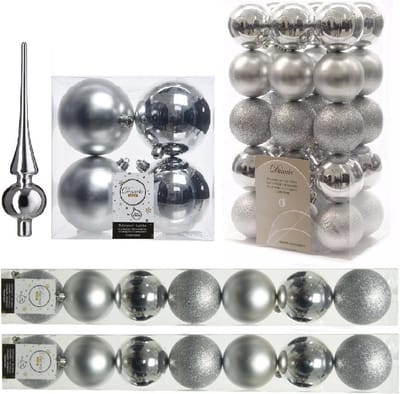 Kerstversiering kunststof kerstballen met glazen piek zilver 6-8-10 cm pakket van 49x stuks - Kerstboomversiering