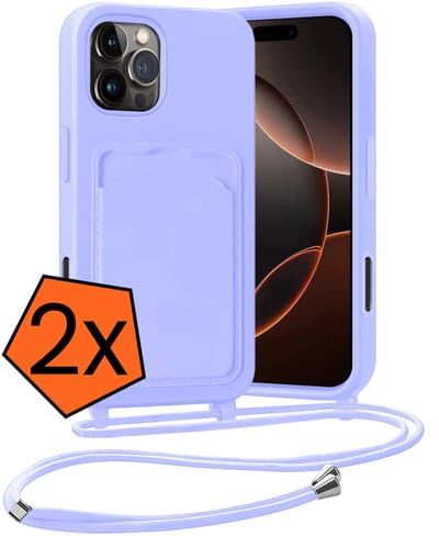 Hoesje Geschikt voor iPhone 16 Pro Hoesje Met Telefoonketting Pasjeshouder Case Koord - Hoesje Geschikt voor iPhone 16 Pro Hoes Met Kaarthouder - Lila - 2 PACK