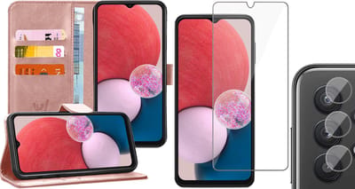 Hoesje geschikt voor Samsung Galaxy A13 4G - Book Case Kunstleer Wallet Cover Portemonnee Pasjeshouder Hoes Roségoud - Tempered Glass Screenprotector - Camera Lens Protector