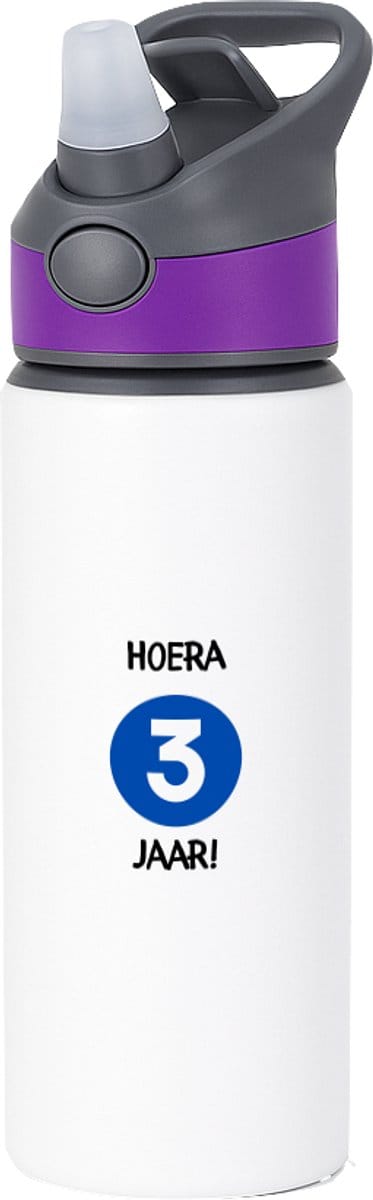 Hacebo® - Hoera 3 jaar waterfles met rietje paars - Verjaardag - Jarigen - Verjaardagscadeau - peuter - Happy birthday - water fles - 650ML