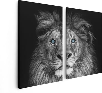 Artaza Canvas Schilderij Tweeluik Leeuw Met Blauwe Ogen - Zwart Wit - 80x60 - Foto Op Canvas - Canvas Print
