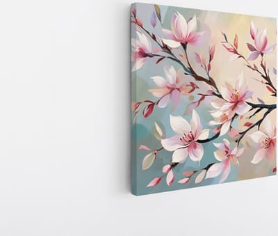 Saammp Canvas Schilderij - Roze bloemen aan tak - Abstract - 20x20 - Foto op canvas - Wanddecoratie - Muurdecoratie Woonkamer - Kantoor Decoratie
